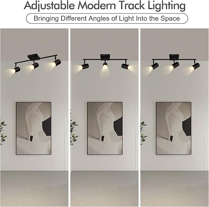 3 Light Track Lighting Fixtures Ceiling, Black LED Track Lighting Kit, Modern Kitchen Track Lights with Rotatable Light Heads, Ceiling Spot Lighting for Living Room/Hallway/Bar, No GU10 Bulb