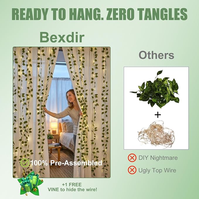 Bexdir 200 LED Vine Lights for Bedroom Decoration, 6.6x6.6ft Pre-assembled Hanging Fake Vines with Fairy Lights Plug in, Aesthetic Artificial Pothos Curtain Lights for Room Wall Decor, Remote Included