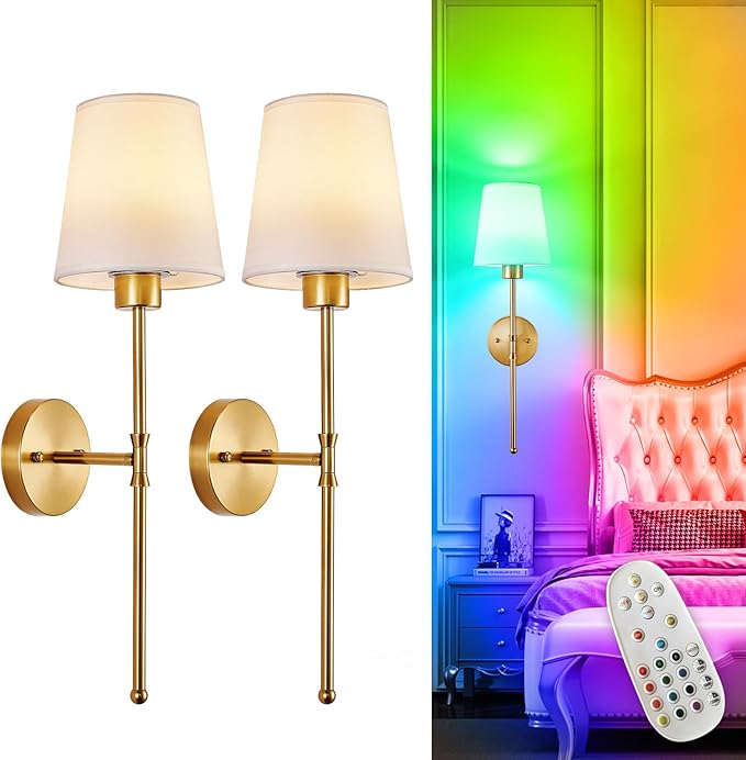 Depuley Battery Operated Wall Sconce: Set of 2 Wireless Wall Lights with Remote for Bedroom - Rechargeable 15 Colors Gold Wall Lamp for Living Room Hallway (Pack of 2)