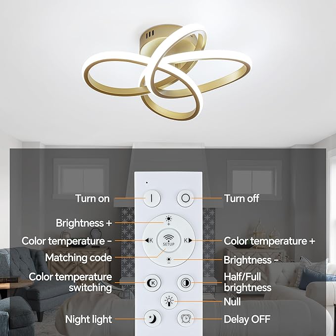 Modern Ceiling Light, 36W LED Dimmable Ceiling Light with Remote Control, Color Temperature Changing, Gold Small Chandelier for Bedroom, Entryway, Hallway, Kitchen