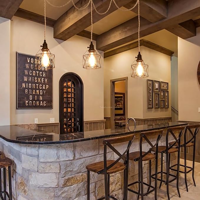 3-Light Hanging Light with Plug in Cord,Plug in Pendant Light Hemp Rope Pendant Lighting Vintage 3-Light Hanging Lamp Fixtures for Kitchen Island Living Room Bedroom