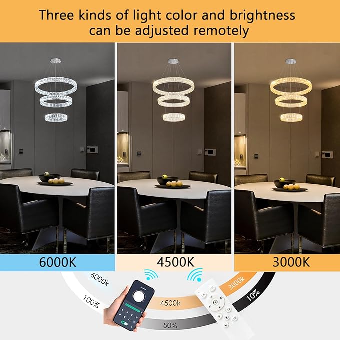 HAIXIANG Modern Glam Chandelier Crystal LED Remote Rings Chandelier Adjustable Hanging Ceilings Pendant Lights Fixture Silver 8"+16"+24" Rings Lighting
