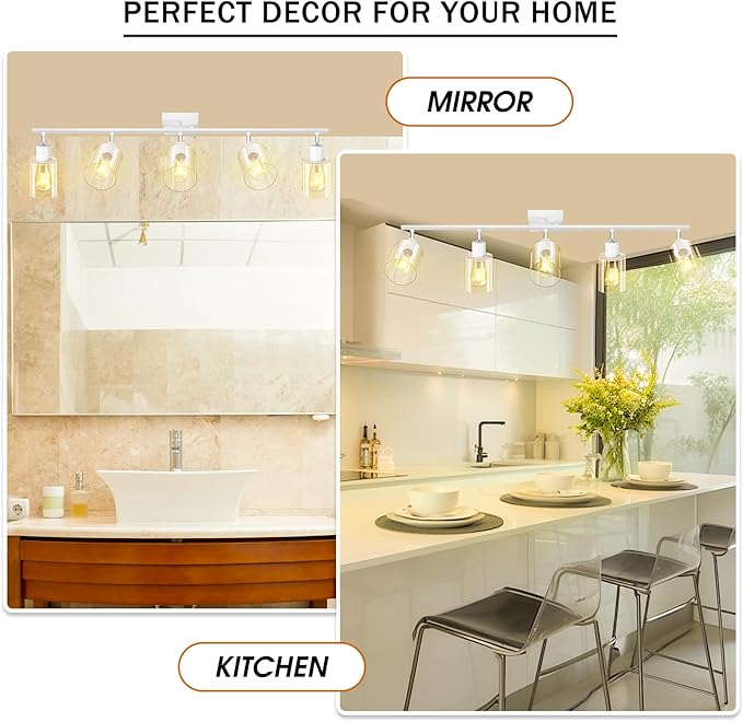 Track Lighting, LED Track Lighting Fixtures Ceiling Clear Glass Shade, 40" Modern 5-Light Kitchen Ceiling Light, White Spotlight Kit, Wall Light with Rotatable Heads, Industrial Decor(E26, NO Bulb)