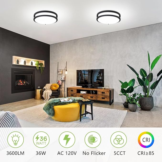 Flush Mount Ceiling Light - 2 Pack 36W 3000K/3500K/4000K/5000K/6000K Dimmable Led Ceiling Light Fixture for Kitchen Hallway Bedroom Bathroom (2, Black, 12 Inch)