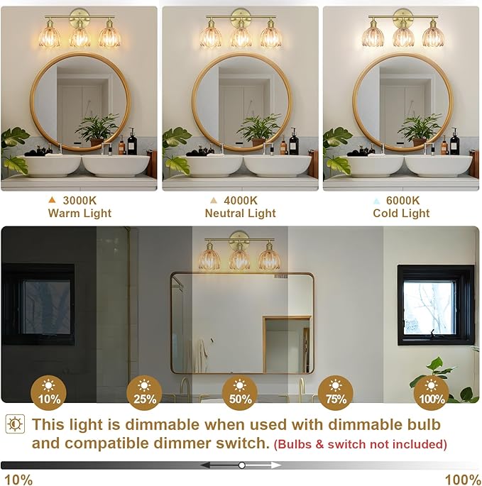 Vintage Bathroom Light Fixtures,3-Light Hardwired Vanity Lights with Amber Tulip Glass Shade,Gold Bathroom Vanity Light for Mirror Restroom,E26 Socket,18.5 in(Bulbs Not Included)