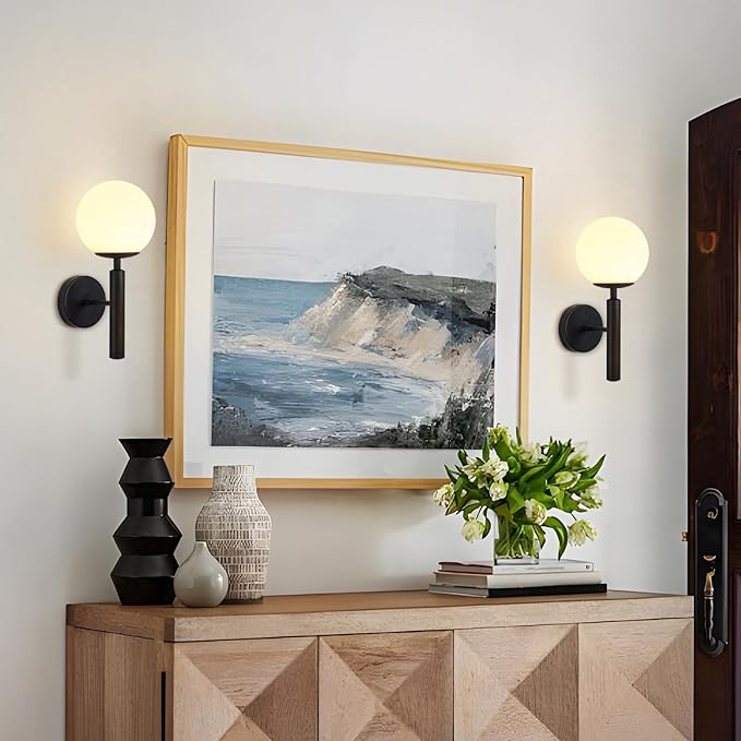 KCO Lighting Black Mid Century Modern Wall Sconce Vintage White Milk Glass Wall Sconce Globe Wall Light Bathroom Wall Light Fixture Bedroom Wall Lighting