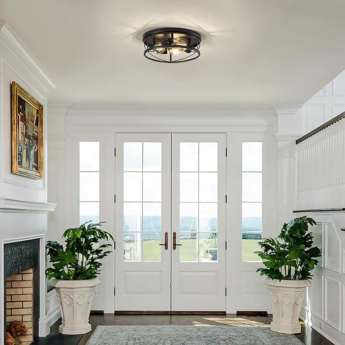 Farmhouse Light Fixtures, Black Round Metal Flush Mount Ceiling Light, 3-Light Cage Ceiling Lamp for Kitchen, Foyer, Bedroom, Hallway(Bulbs Not Included)