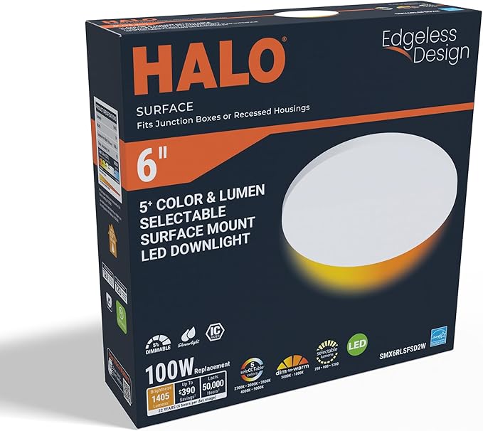 HALO SMX 6-Inch Edgeless Surface Mount LED Downlight w/Selectable Lumens, Color Temperatures, Dimming-Round, 4-Pack, SMX6RLSFSD2W-4PK