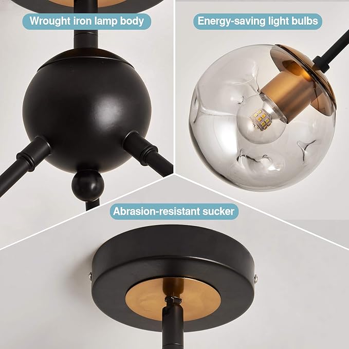 SZXYKEJI6-Lights Glass Globe Sputnik Chandelier Modern Flush Mount Ceiling Light Fixture Farmhouse Lighting for Dining Room Living Room Bedroom Kitchen Passageway(Balck and Gold)