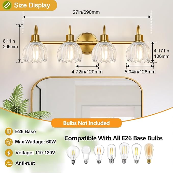 4-Light Bathroom Light Fixtures, 27" Brushed Gold Vanity Lights for Bathroom with Ribbed Clear Tulip Glass Shade, Vintage Bathroom Vanity Lighting Fixtures Over Mirror for Bedroom Living Room Hallway