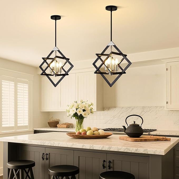 18" Modern Pendant Lights Kitchen Island, 4-Light Black + Brushed Nickel Pendant Light Fixtures, Farmhouse Chandelier Kitchen Island Lighting, Hanging Pendant Lights for Kitchen Island Entryway