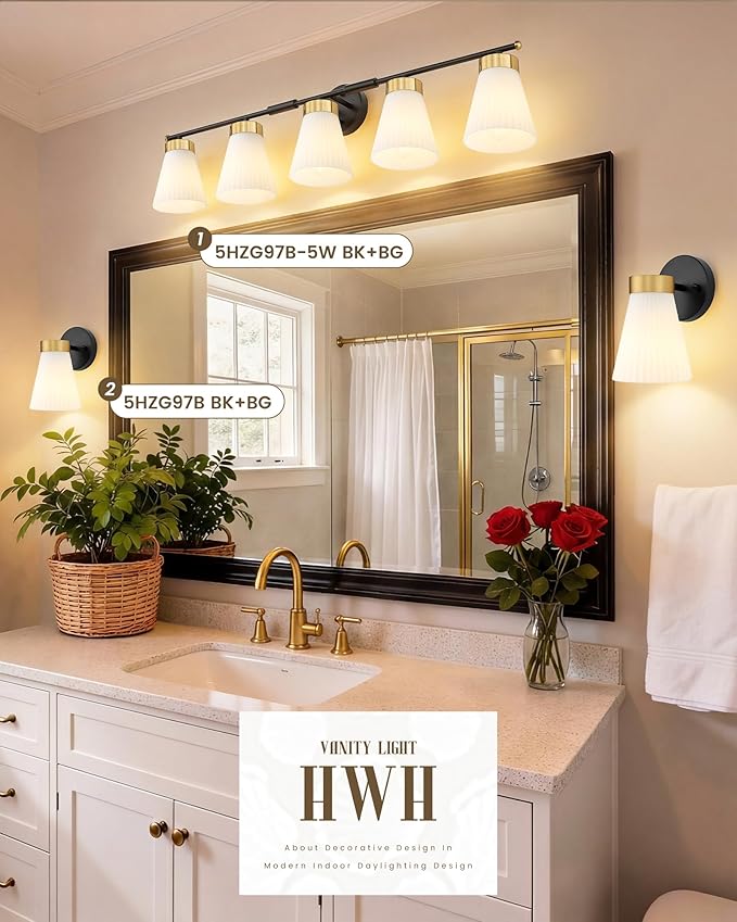 Bathroom Wall Sconces, HWH 5-Light Wall Mount Lighting Fixtures for Mirror, Modern Vanity Lights with Frosted Milk White Striped Glass, Black and Gold Finish, 5HZG97B-5W BK+BG