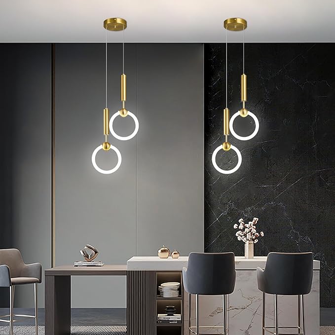 Modern LED Pendant Light Fixtures, Simplicity Gold Pendant Lighting,Circular Hanging Chandelier for Kitchen Island Dining Room Bedroom Entryway Hallway(Gold-2-Light)