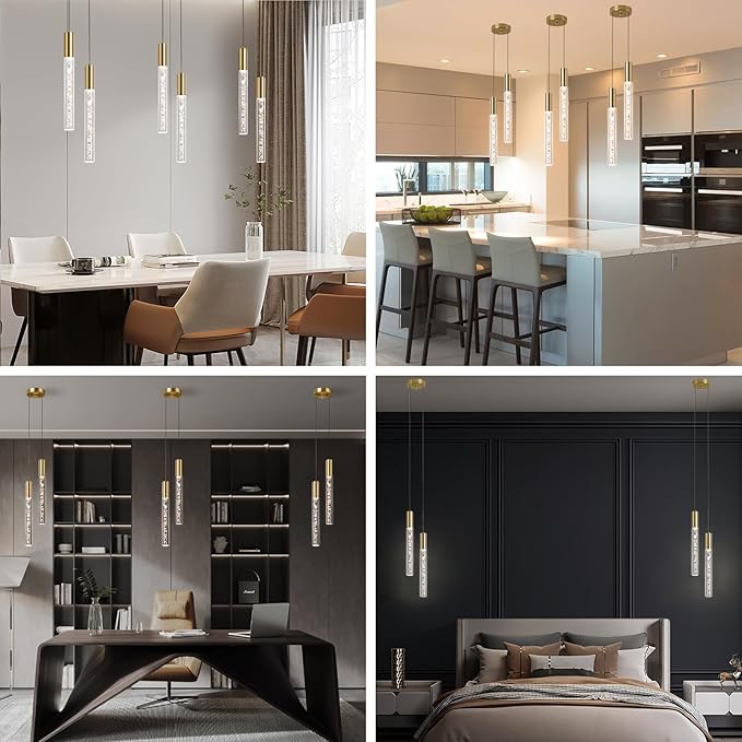 Modern Gold Pendant Light Fixture (2 Lights), 3 Color LED Pendant Light Acrylic Wire Adjustable Ceiling Pendant for Kitchen Island, Living Room, Bedroom, and Dining Room(Gold, 2Light 3pack)