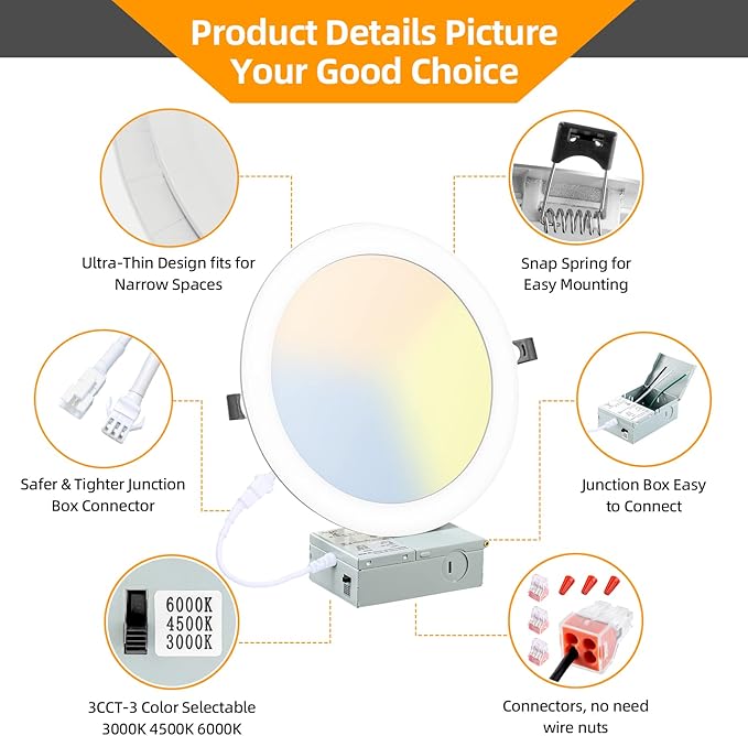 6 Pack 8 Inch LED Recessed Lighting with Junction Box Ultra-Thin, 3000K/4500K/6000K Selectable, 8" Dimmable Canless LED Downlight, 1800LM CRI80 High Brightness 5%-100% Recessed Light…