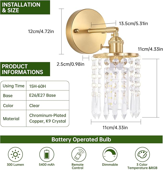 Shenmoyl Crystal Battery Operated Wall Sconce, Rechargeable Battery Powered Wall Lamp with Remote Control, Modern Dimmable Wireless Wall Lights Fixture for Bedroom Bathroom(Transparent, Gold Base)
