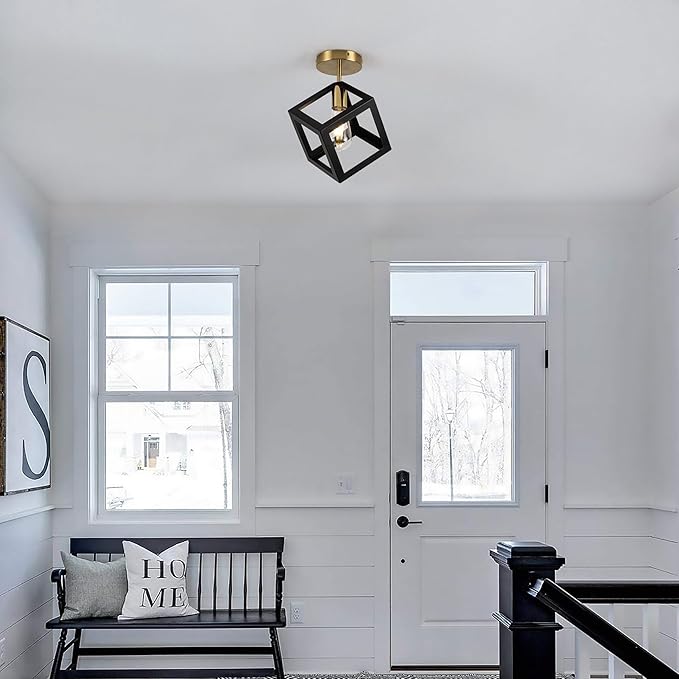 Modern Flush Mount Ceiling Light Fixture, Metal Frame Light Fixture,Black and Gold Finish, 9x9x13inches,for Entryway Porch Hallway Stairway Garage Living Room Dining Room Balcony