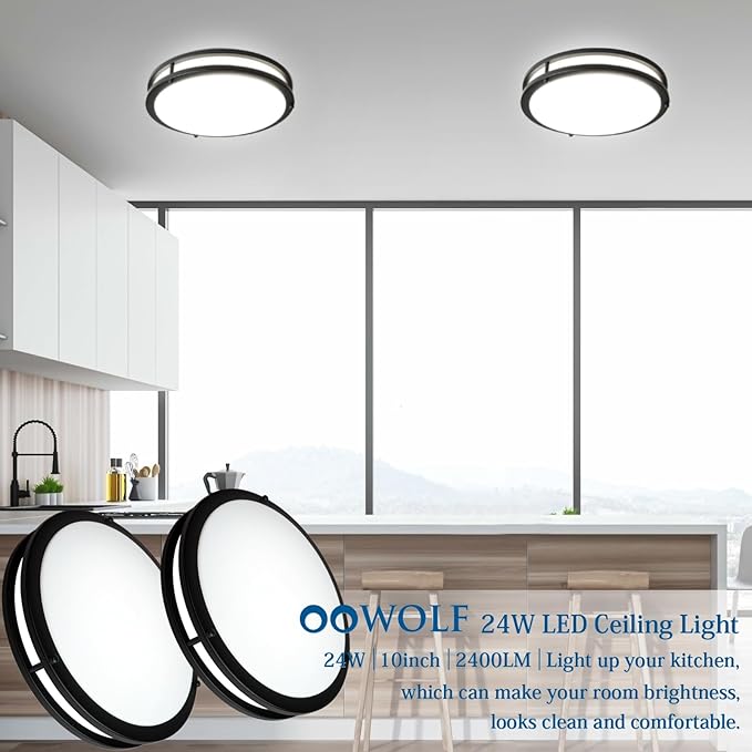 OOWOLF 10 Inch 24W LED Ceiling Lights, 5000K Brightness Adjustable Flush Mount Ceiling Light, Super Bright Matte Black Lighting Lamp Fixture for Bedroom Bathroom Dining, 2-Pack, Daylight White