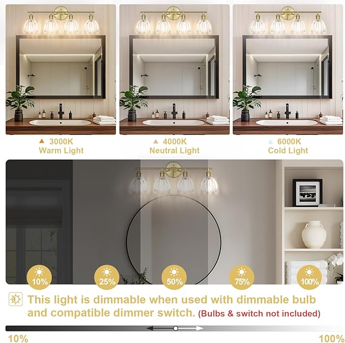 Vintage Bathroom Light Fixtures,4-Light Hardwired Vanity Lights with Clear Tulip Glass Shade,Gold Bathroom Vanity Light for Mirror Restroom,E26 Socket,25.2 in(Bulbs Not Included)