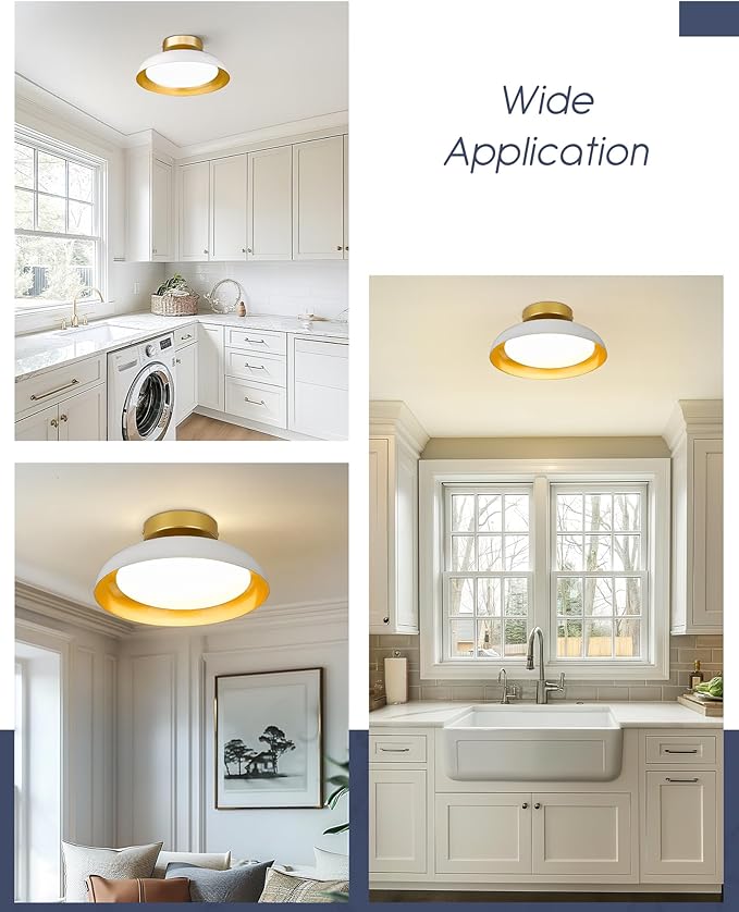 kudos White and Gold Ceiling Light Fixture 2 Pack, LED Semi Flush Mount Light Fixture, 12W/1200Lm 12 Inch Ceiling Lights for Kitchen, Hallway, Bathroom, 3000K/4000K/6000K Adjustable, KDCL01-WT-2PK