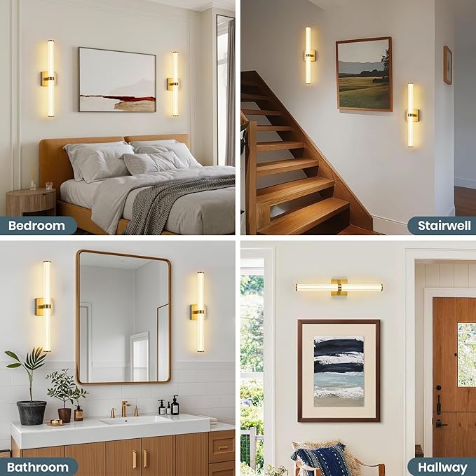 Modern Gold LED Wall Sconce with 3 Color Temperatures, Slim Vertical Linear Wall Light for Bedroom Bedside Living Room Staircase Bathroom