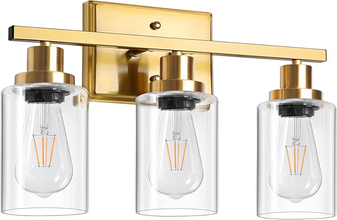 Ascher Bathroom Vanity Light Fixtures, 3 Light Wall Sconces Lighting with Clear Glass Shade, Gold Wall Lights for Mirror, Kitchen, Living Room, Gallery, E26 Base (Bulbs Not Included)