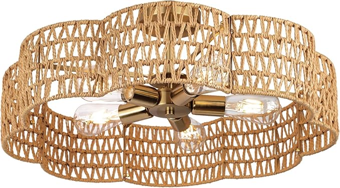 24” Boho Rattan Ceiling Light Fixture, Hand-Woven Wicker Flush Mount Chandelier, Rustic Coastal Scalloped Gold Base Semi Flush Lighting for Bedroom, Dining Room, Kitchen, Foyer, Living Room