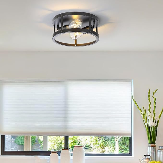 Farmhouse Semi Flush Mount Ceiling Light, Black 11inch 2-Light Metal Cage Light Fixture Ceiling Mount, Industrial Closed to Ceiling Mount Lamp, 2 Pack