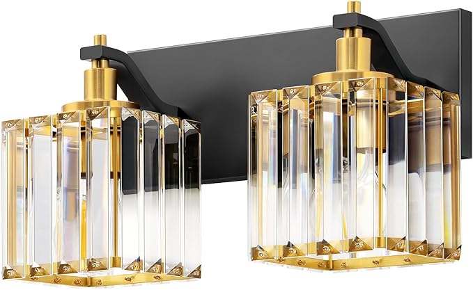 EDISHINE Bathroom Light Fixtures, Crystal Bathroom Vanity Lighting Fixtures Over Mirror, 2 Light Vanity Lights for Bath, Powder Room, E26 Base, Black Gold