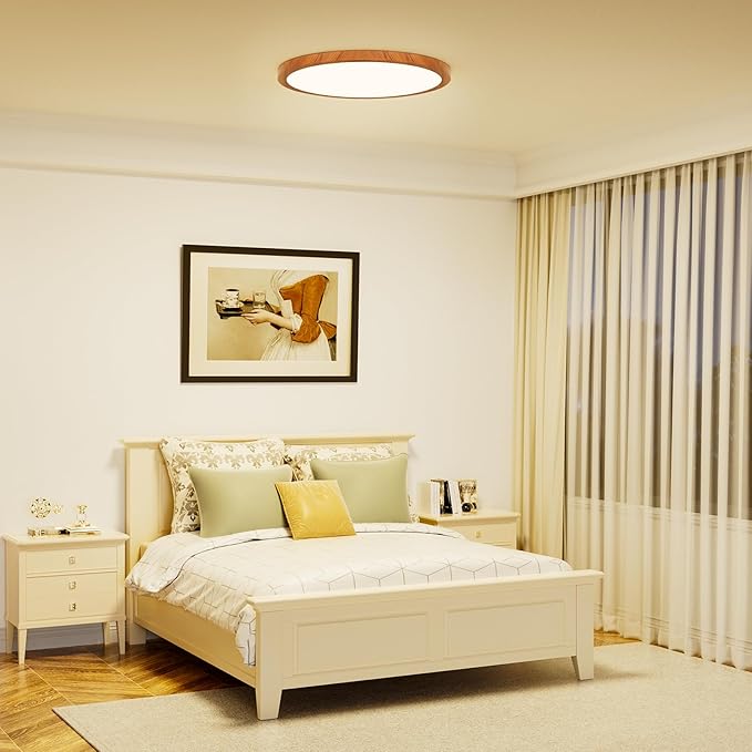 Light Fixtures Ceiling Mount: 12 Inch 24W Wood Grain 3CCT LED Ceiling Light 3000K-4000K-6000K Selectable Flat Round Lights for Bedroom Laundry Closet Hallway - Walnut Set of 2