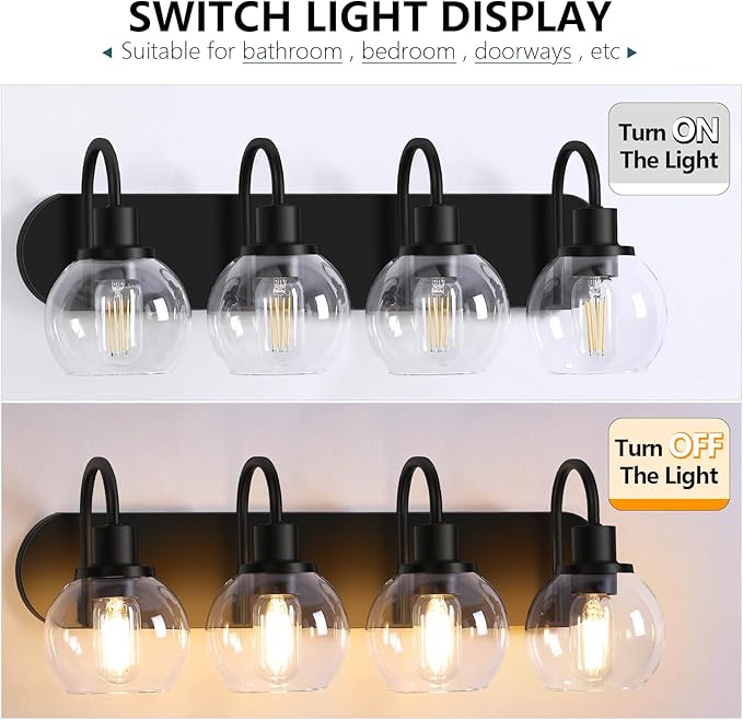 Dpyrrhic Industrial Bathroom Vanity Light, 4-Light Bathroom Lights Over Mirror with Clear Glass Globe Shade and Metal Base, Matte Black Bathroom Vanity Light Fixture