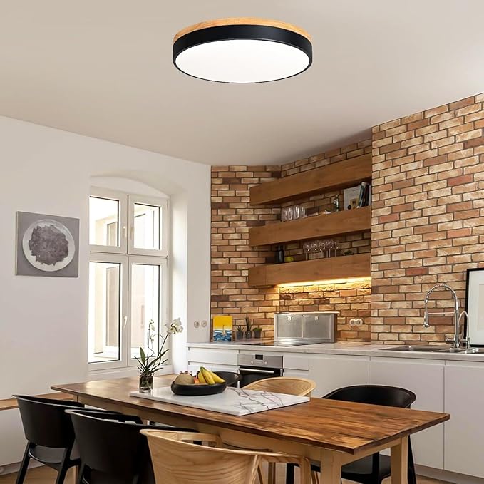 Modern Wood Flush Mount Ceiling Light, Black LED 5CCT 2700K-6000K Dimmable Ceiling Light Fixtures, Round Close to Lighting Fixture for Kitchen Living Room Dining Room Bedroom-15.8in