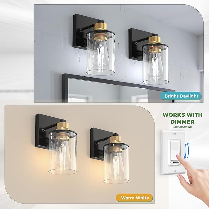 DORESshop Wall Sconces Set of 2 for Bathroom, Modern Vanity Light Fixtures with Clear Glass Shade, Black and Gold Wall Mount Lighting Lanterns for Bedroom Living Room Mirror Hallway Kitchen