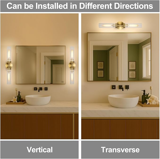 LaLuLa Gold Bathroom Vanity Light Fixtures – 2-Light Hardwired Wall Sconces with Rippled Glass Shades and Textured Metal Frame, Modern Vanity Lighting for Mirror, Bedroom, or Hallway, 25”