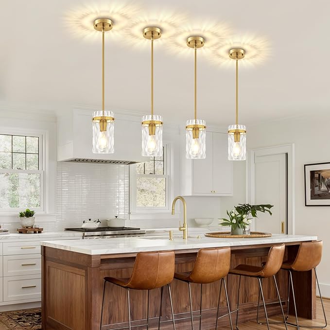 Brushed Gold Pendant Lights Kitchen Island, Modern Hammered Glass Pendant Lighting Over Island Adjustable Kitchen Hanging Light Fixtures Mini Pendant Light for Bathroom Dining Room Hallway Foyer