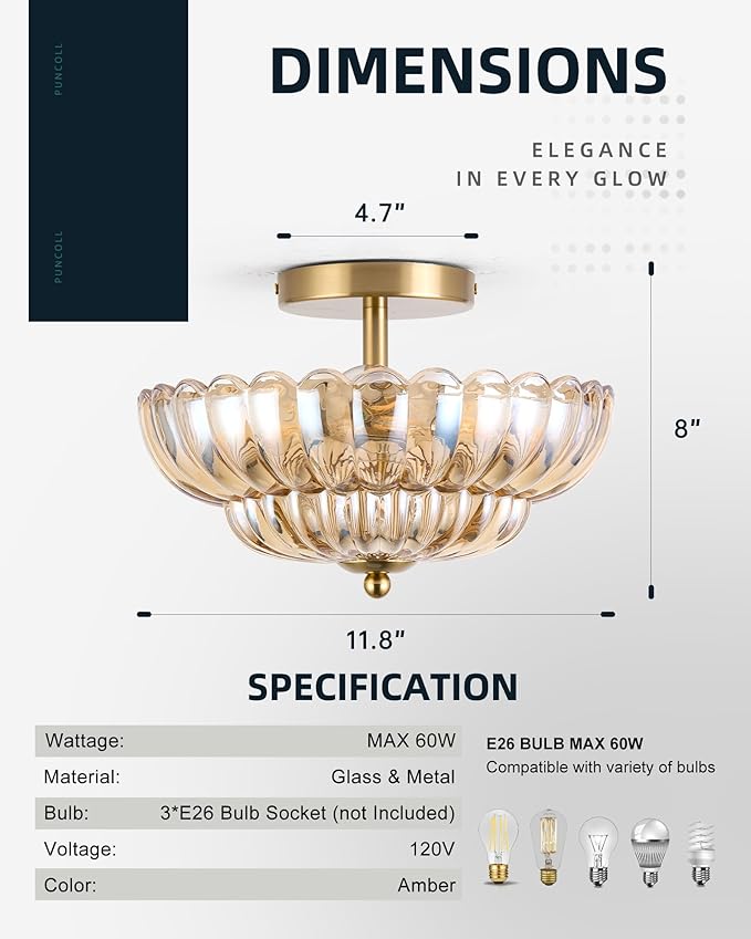 11.8 inch Semi Flush Mount Ceiling Light, 3-Light Close to Ceiling Light Fixtures with Flower Glass, Vintage Ceiling Lights for Hallway Living Room Kitchen Bedroom Bathroom, Amber