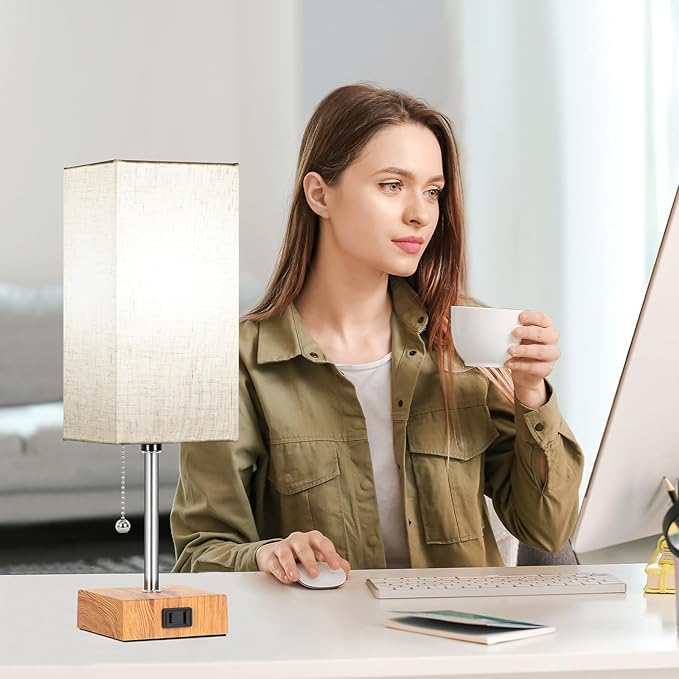 Table Lamp for Bedroom set of 2,3-Color Bedside Lamps with Pull Chain Table Lamps for Nightstand with AC Outlets,Small Night Light Lamps with 2 Bulbs Lamps for Living Room Kids Room Office Decor(Wood)