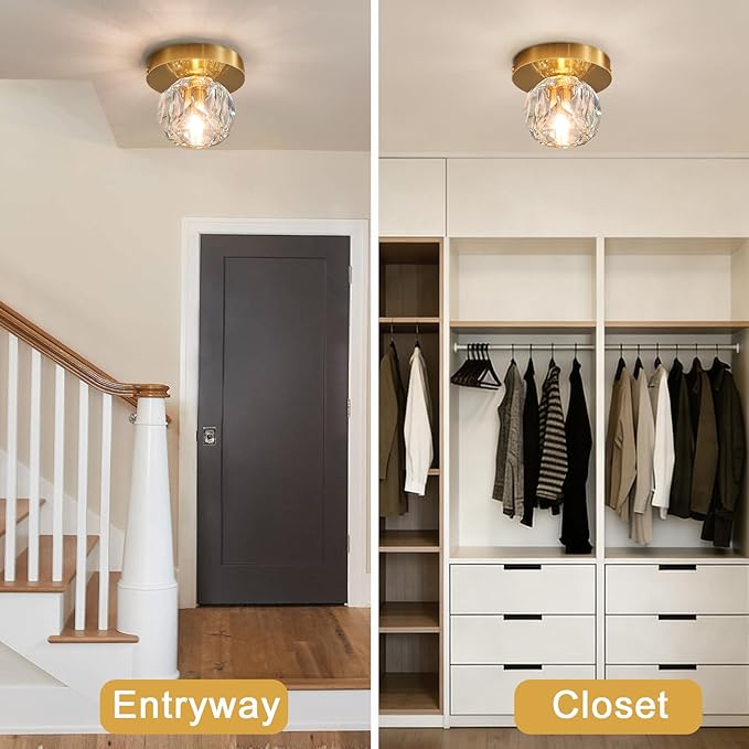 Crystal Small Chandelier Light Fixture: K9 Crystals Brass Semi Flush Mount Ceiling Lights - Gold Globe Wall Sconce - Modern Mini Chandeliers for Bedroom Hallway Bathroom Living Room Entrance Closet