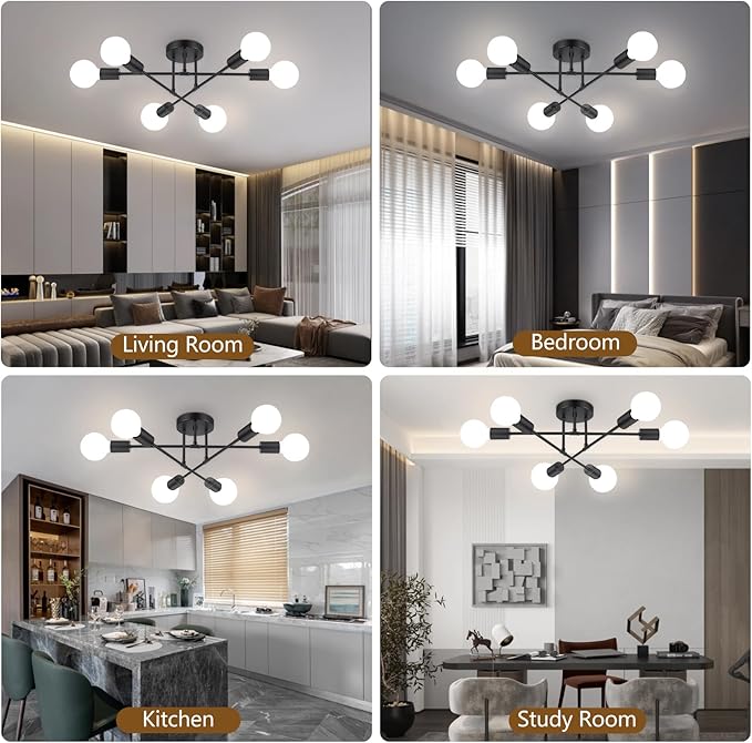 Ceiling Light Fixture, 6-Light Ceiling Light Chandelier, Modern Dinning Room Light Fixture, Sputnik Light Fixtures Ceiling Mount, Semi Flush Mount Light Fixture For Living Room,Bedroom,Hallway,Kitchen