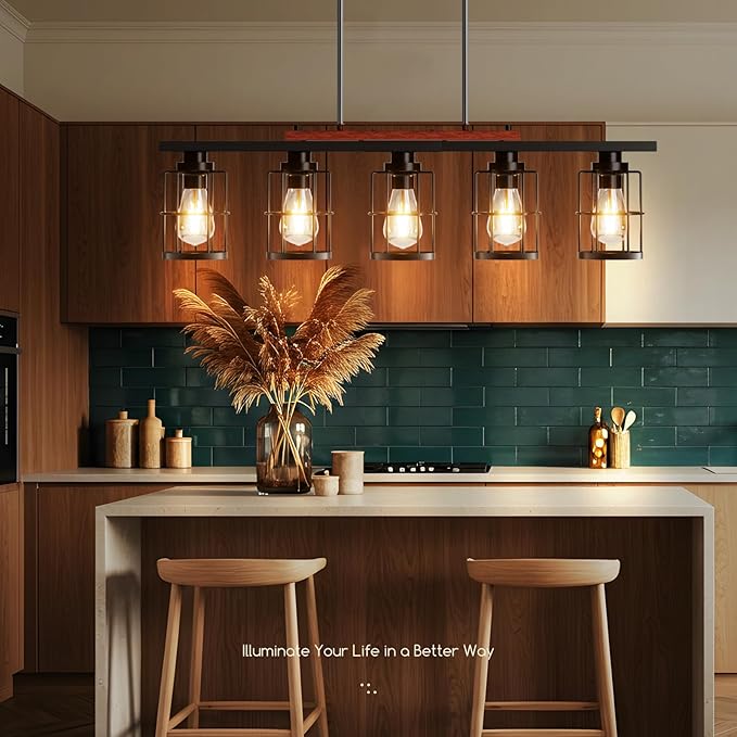 5-Light Dining Room Light Fixture, Chandeliers for Dining Room with Metal Lampshade, 33.4" Kitchen Island Lighting for Dining Rooms, Kitchens, and Islands, with Adjustable Height