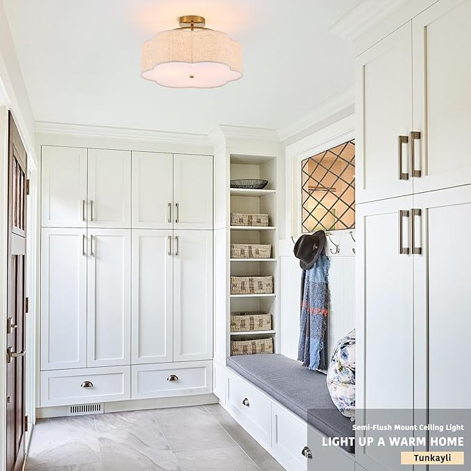 18" Semi Flush Mount Ceiling Light Modern 3-Lights Gold Drum Ceiling Light Fixture with Fabric Linen Shade, Vintage Ceiling Lighting for Living Room, Kitchen, Basement, Laundry Room, Bedroom