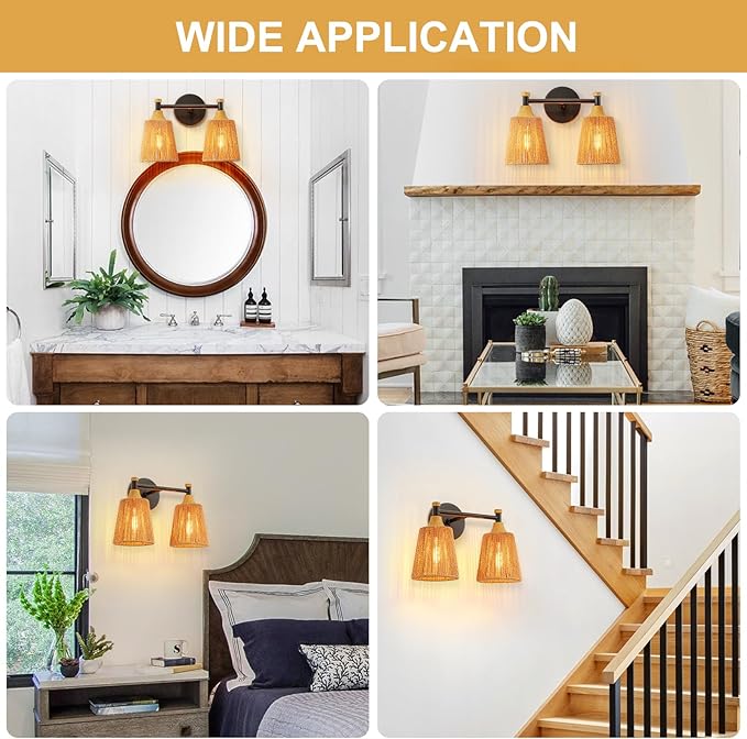 2-Light Bathroom Vanity Light, Boho Bathroom Light Fixtures Over Mirror Rattan Vanity Lighting Fixtures with Hand-Woven Lampshade Rustic Style Wall Sconce for Bedroom Living Room