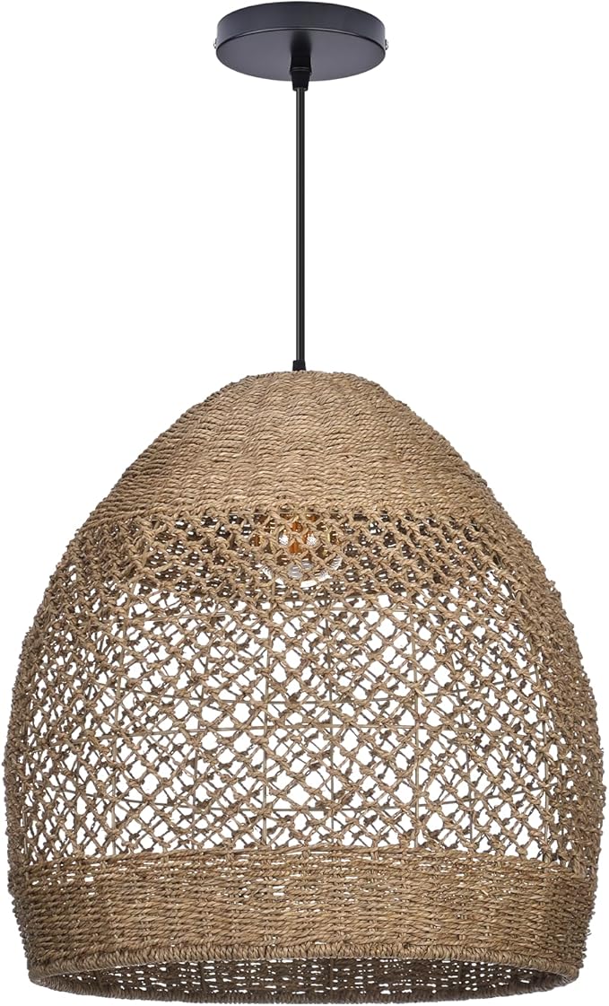 17.7" Boho Rattan Chandelier for Dining Room, 1-Light Hand Woven Pendant Light Fixture with Wicker Lampshade, Coastal Hanging Pendant Lighting for Kitchen Island Bedroom Living Room Nursery