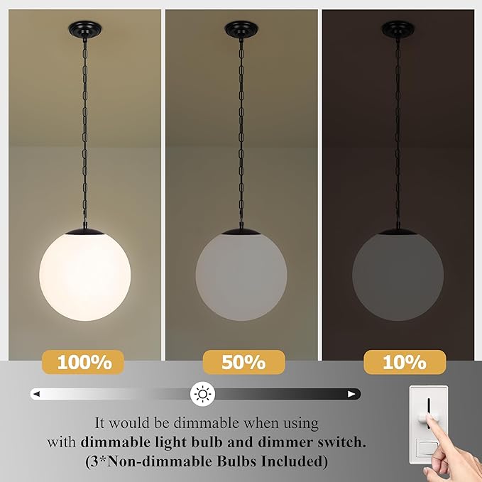 KoKo&Yukina 14" Black Globe Pendant Light Mid Century Pendant Light Milk Glass Pendant Lights Kitchen Island Adjustable Hanging Light Fixture for Dining Room Bedroom Kitchen Island