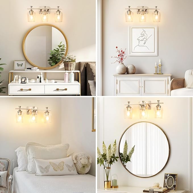 3 Light Bathroom Vanity Light - Silver Bathroom Lighting Fixtures Over Mirror, Modern Wall Sconces with Transparent Glass Lampshade for Bedroom Living Room Kitchen Cabinet Stair Hallway