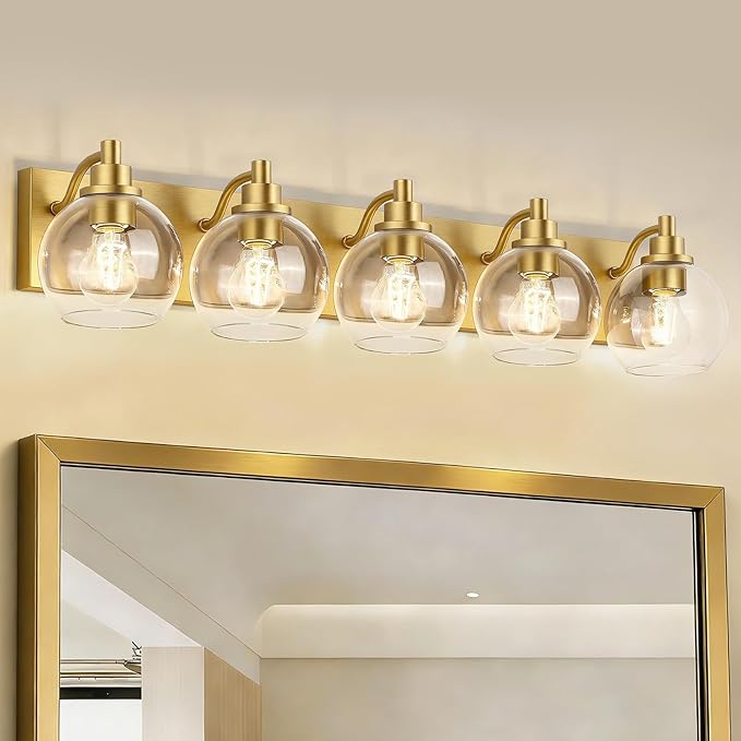 IZORRO Bathroom Light Fixtures, 5 Light Brushed Gold Vanity Light, Modern Wall Sconces with Globe Clear Glass Shade, Vanity Lighting Fixtures Over Mirror,E26 Bulb Socket