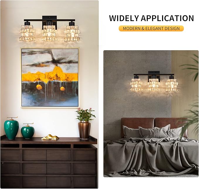 3 Lights Bathroom Vanity Light, Crystal Bathroom Light Fixture Over Mirror, Matte Black & Crystal Rotateable Indoor Wall Lights | Chrome Glass Modern Lampshade for Sink, Mirror & Foyer Corridor