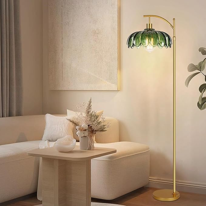 QIYIZM Glass Floor Lamp for Living Room,Bedroom,Gold Dimmable Standing Lamp with Remote,Mid Century Modern Brass Tall Lamp Boho Vintage Retro Floor Lamps Arc Green Flower Floor Light Lamp Bohemian