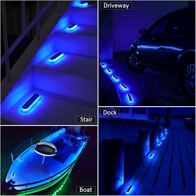 YiLaie Blue Solar Lights for Outside Stick on Boat Dock Deck Step Driveway Strip Lights Solar Powered Outdoor Waterproof Stair Post Ground Pathway Walkway Accessories Auto ON/Off(4 Pack)