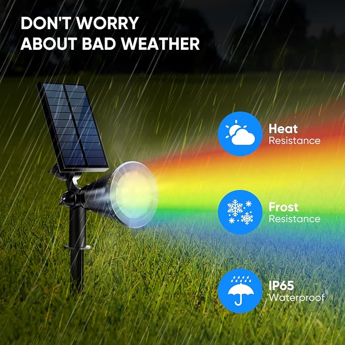 KEV Solar Spot Lights Outdoor,18 LEDs Solar Flood Lights with 8 Modes &Colored Adjustable &IPX65 Waterproof,Christmas Solar Spotlight for Driveway/Backyard/Landscape/Tree/Garage(Multicolor,4 Pack)